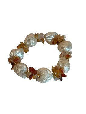 Shell & Gemstone Stretch Bracelet Gold Accents Handmade Beach Core Vacation